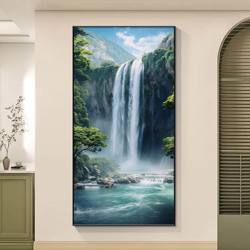 源远流长山水画进门入户玄关装饰画现代简约过道竖版高山流水挂画