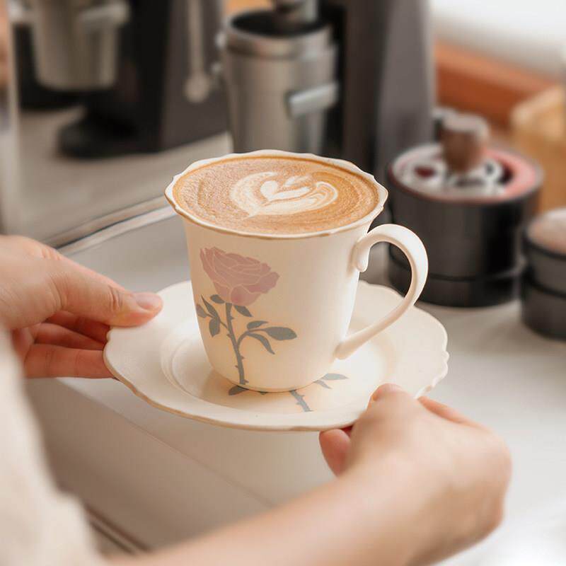 旷野集花朵陶瓷杯下午茶高档精致拿铁杯景德镇手作覆古咖啡杯套装
