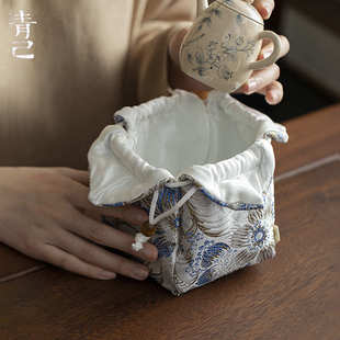 中式 青己 刺绣收纳袋茶道配件布艺收纳包便携包茶杯茶壶旅行布袋