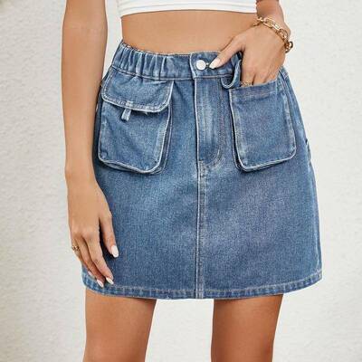 I 15006 Washed Elastic Waist Denim Skirt 水洗牛仔短裙