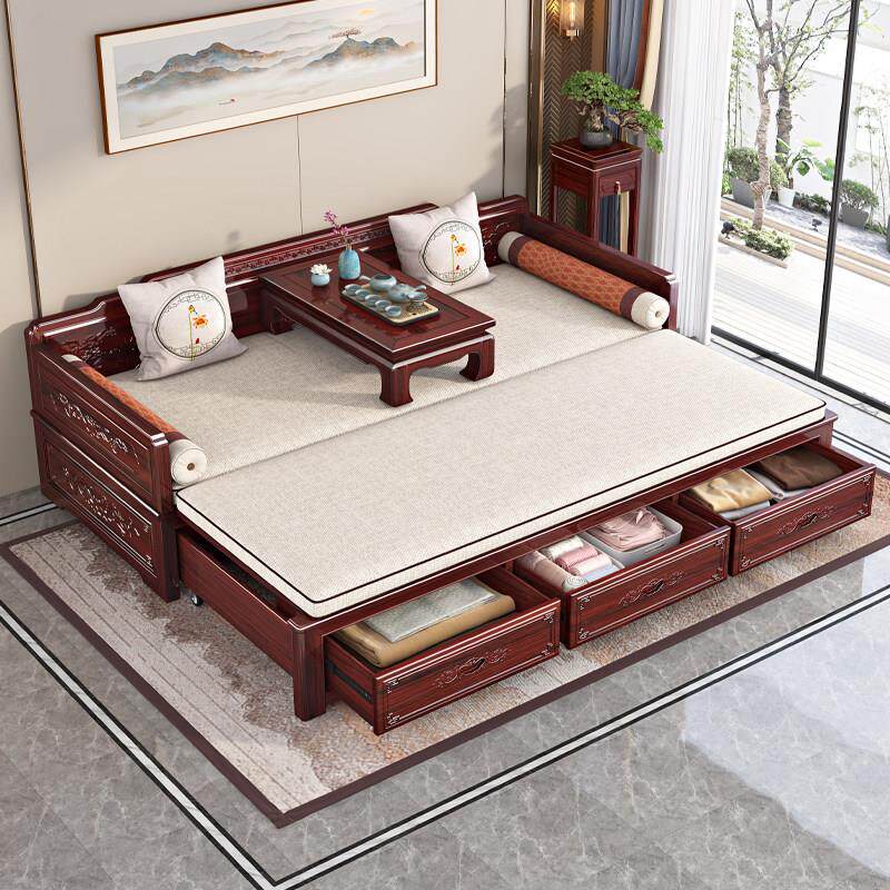 新中式实木沙发床酸枝木客厅伸缩折叠罗汉床红木罗汉榻民宿带炕几