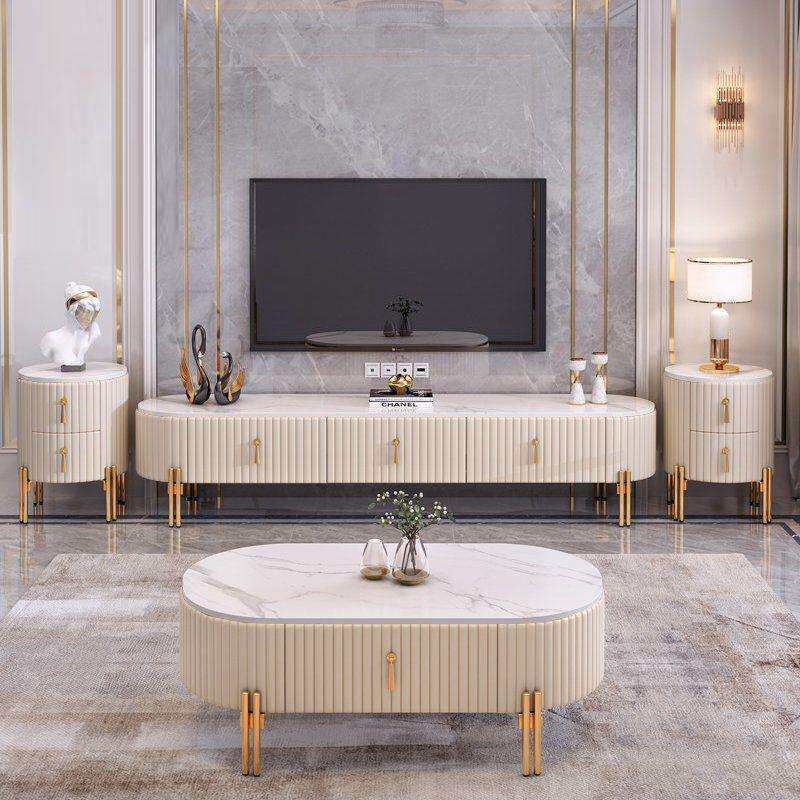 椭圆现代简约轻奢茶几电视柜组合套装小户型家用客厅地柜岩板玻璃