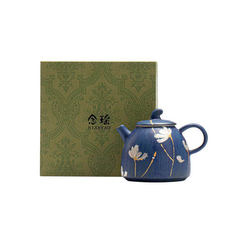 弥言克莱因蓝手工粗陶粉引茶壶家用泡茶壶单壶带过滤金银手绘茶壶