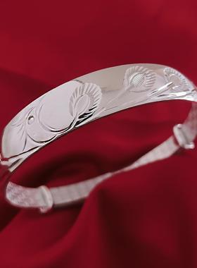 高档银9999手镯纯银女新款送人妈丹妈中老年足开口简约牡莲花百福