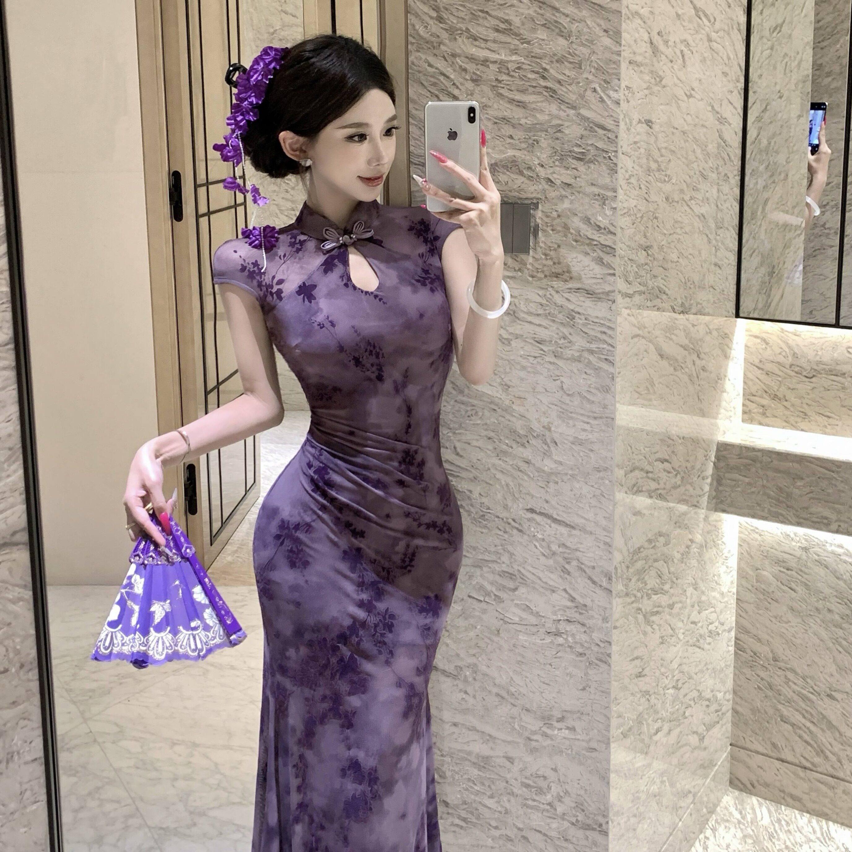 夏季新中式国风年轻款改良旗袍长裙紫色网纱连衣裙直播女主播衣服