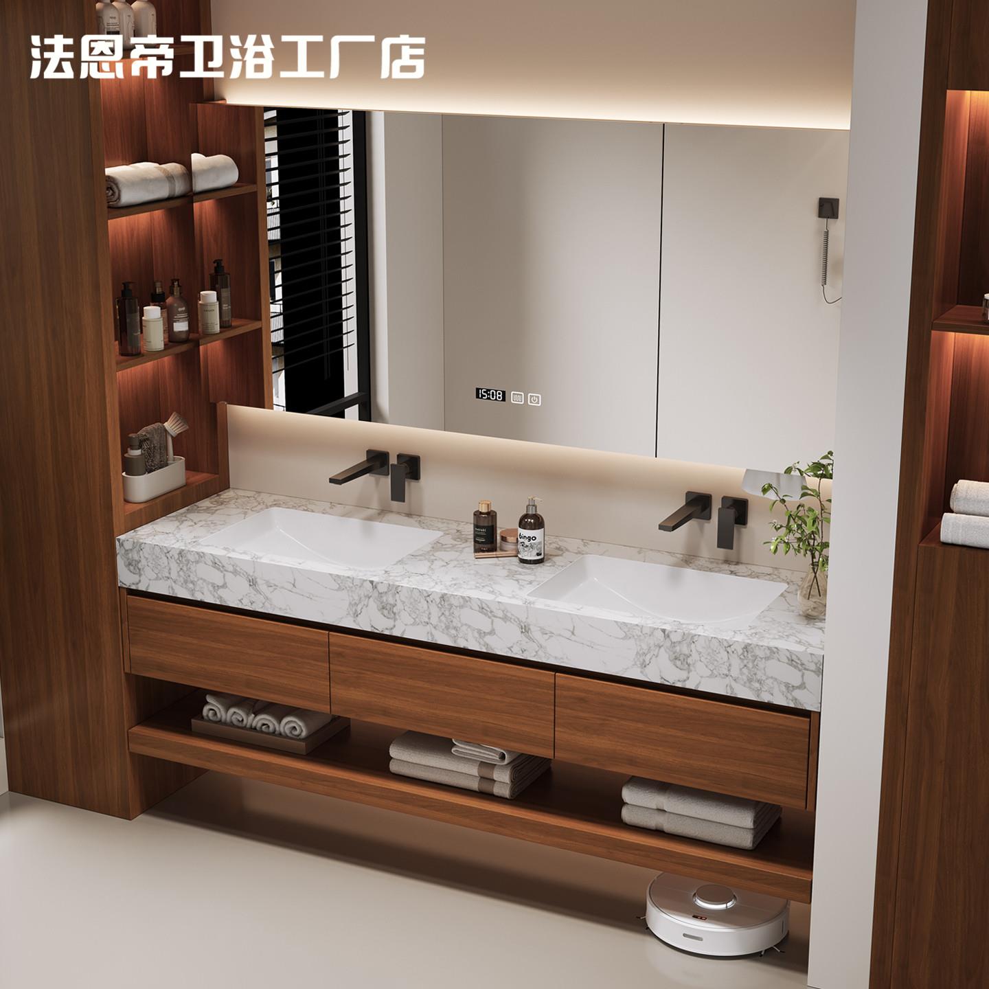 中古风浴室柜胡桃木洗手台洗漱岩板无缝一体盆实木定制卫浴柜橡木