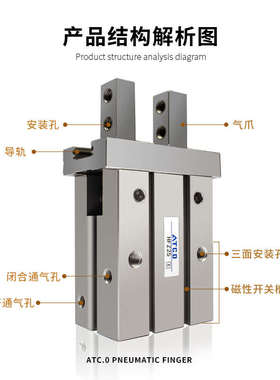 亚德客型平行导轨手指气缸HFZ6/HFK/10/16/20/25/32/40/N通孔安装