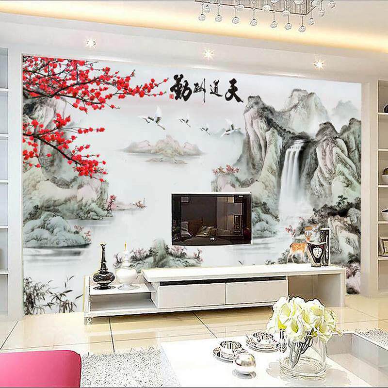 中式水墨山水竹木纤维电视背景墙集成墙板客厅办公室碳晶板护墙板