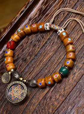 藏传回流骆驼骨多宝镶嵌桶珠手串单圈六芒星唐卡吊坠文玩复古手链