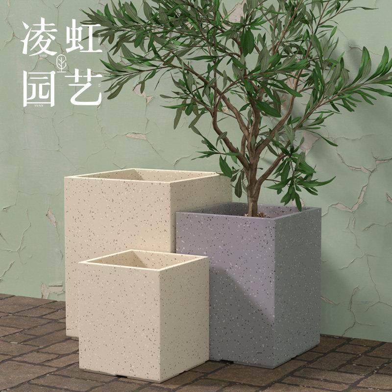 凌虹方形水泥花盆方口大号镁泥绿植盆栽简约北欧风彷水磨石花岗岩