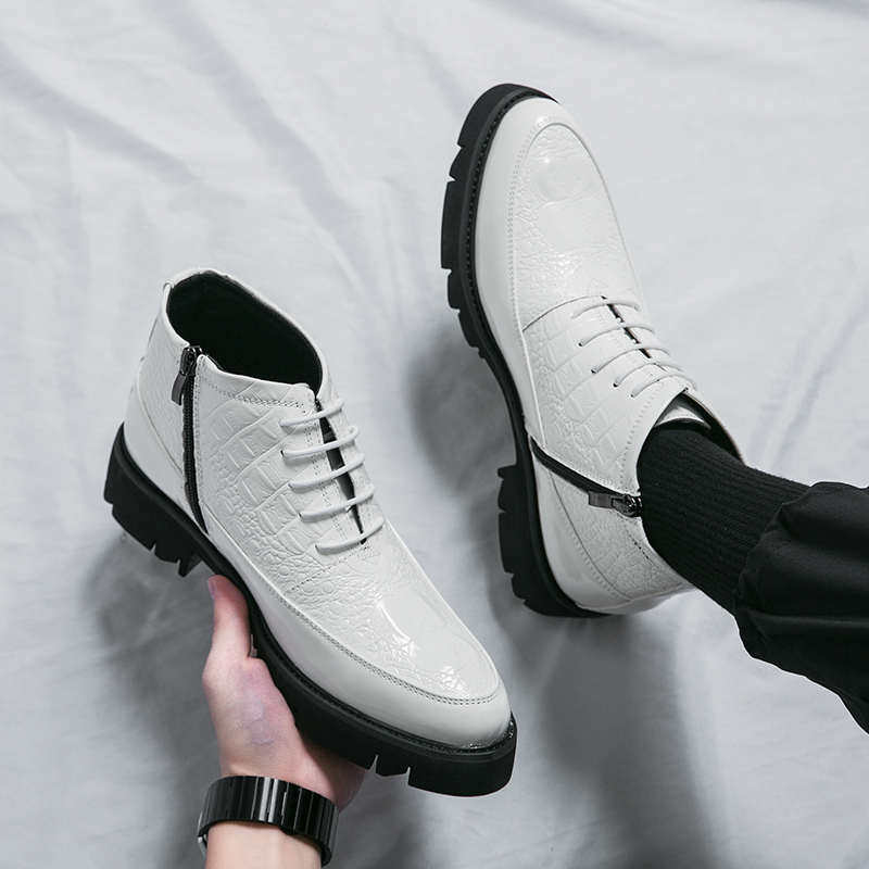 白色马丁靴韩版潮流百搭发型师英伦尖头厚底高帮休闲皮鞋商务男鞋