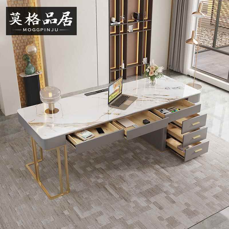 意式岩板书桌抽屉轻奢简约写字台组合办公桌家用电脑桌椅台式书柜