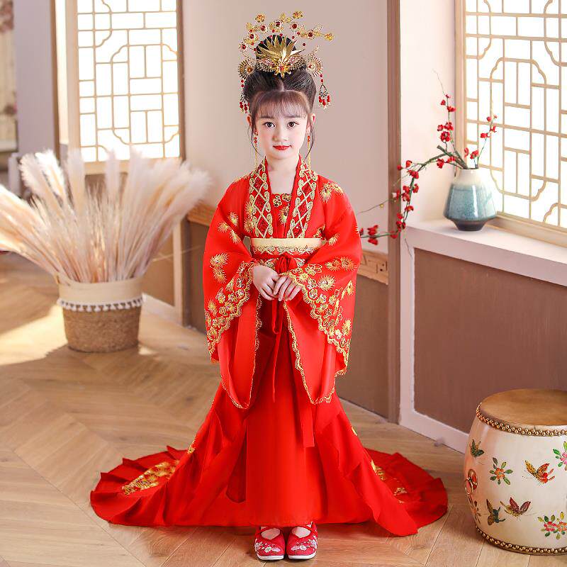 正品童女童贵妃拖演尾装汉服唐装出服汉唐古儿皇后装宫廷风公主裙图片