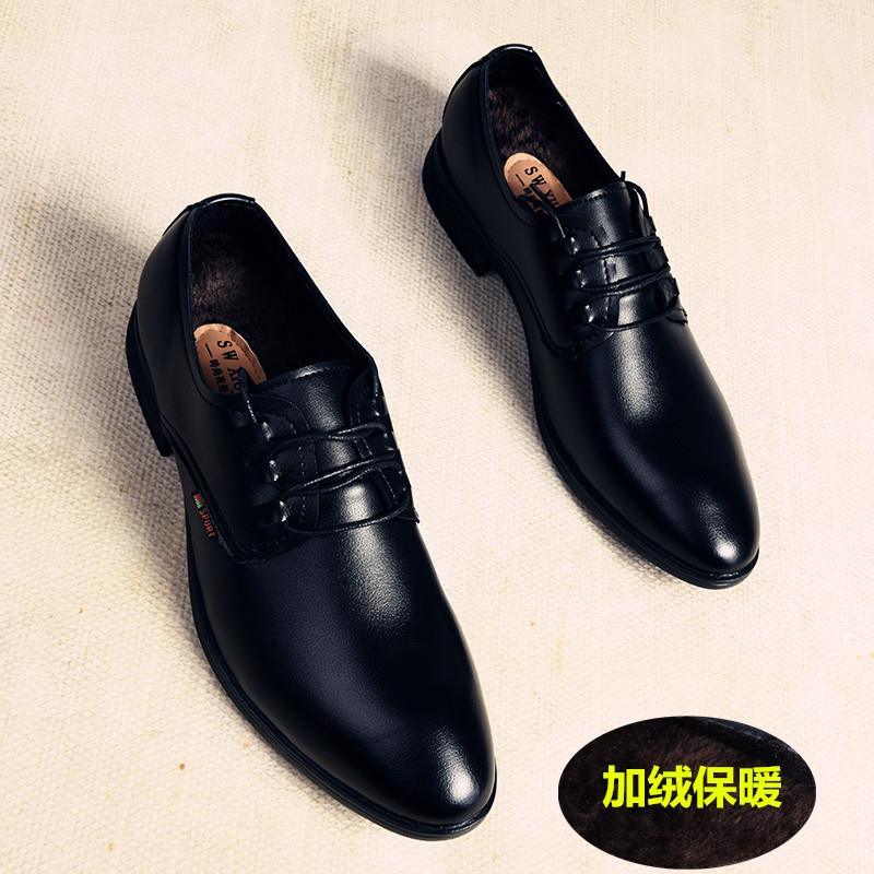 高档男式尖头西装皮鞋男式丝绒暖年英冬闲式学生韩式休商务正装青