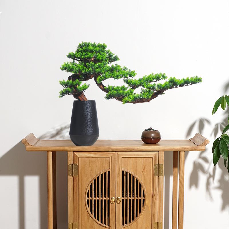 仿真迎客松盆景摆件客厅玄关新中式复古装饰品罗汉松轻奢崖柏盆栽