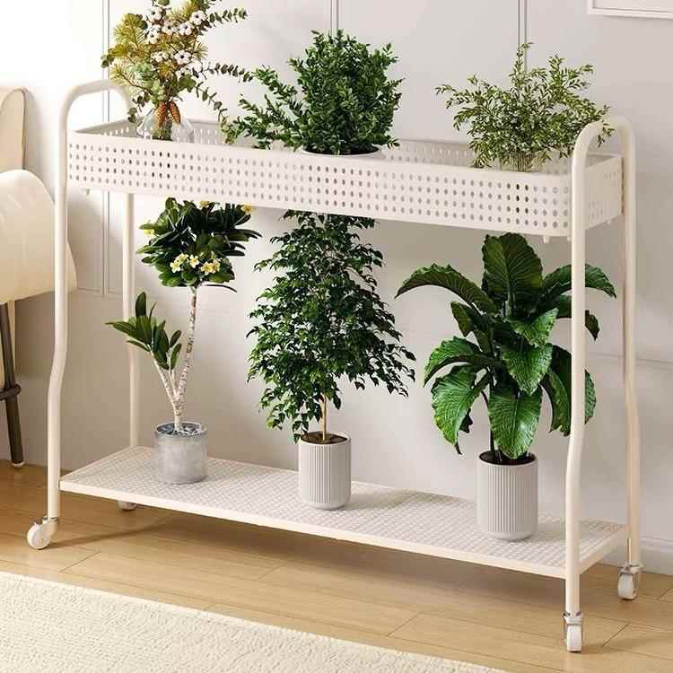 奶油风移动地铁艺花架架落式双层室带VPP轮多肉内花盆阳台客厅置