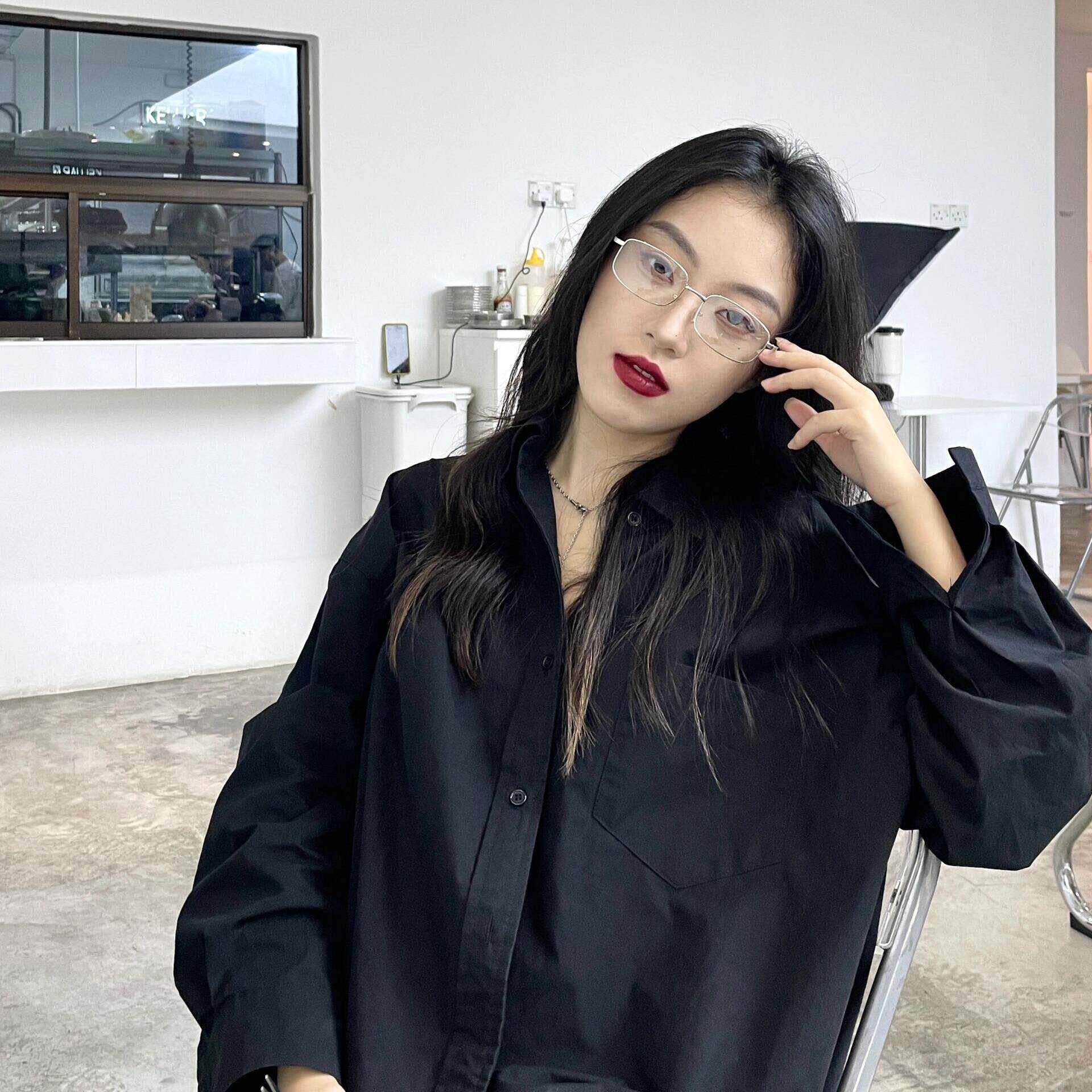 NextMary法式黑色长袖衬衫女春季宽松休闲BF风高级感上衣外搭衬衣