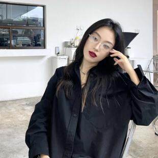 NextMary法式黑色长袖衬衫女春季宽松休闲BF风高级感上衣外搭衬衣