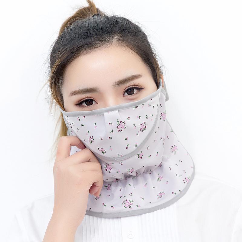 新款大号护颈透气防晒女款口罩户外骑行碎花风沙面纱开口防尘面罩