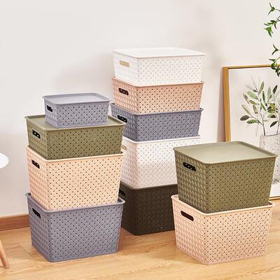 Wicker book storage basket, plastic lidded snack container,