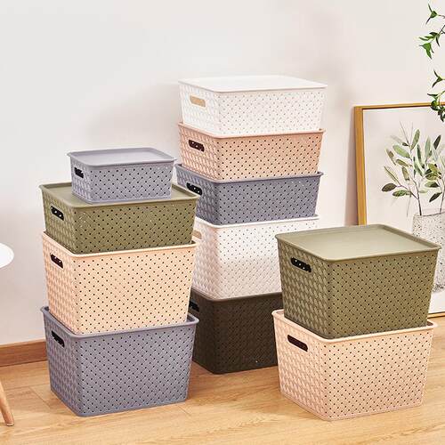 Wicker book storage basket, plastic lidded snack container,