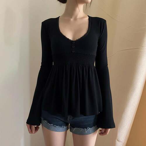 Womens Vintage Chic V Neck ALine Top Back Tie Waist Design