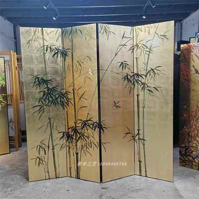 高档中手绘金箔竹子屏风漆画隔式断厅卧室简约现客代折移动遮挡叠