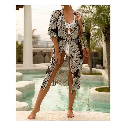 K 46400 Transparent Embroidered Beach Cover Up 刺绣沙滩罩衫