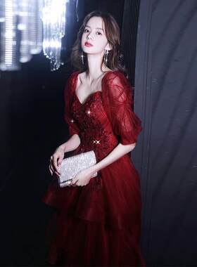 2026新款敬酒服新娘春季酒红色婚纱泡泡袖一字肩法式公主裙晚礼服