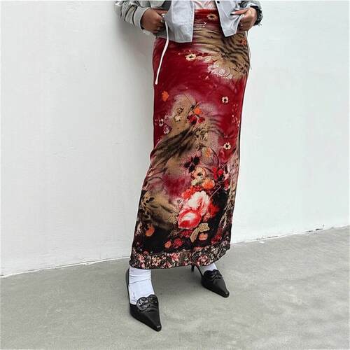 Vintage Ethnic Floral Print Straight Hem Skirt, Slimming