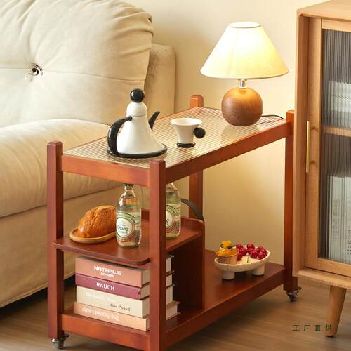 中古风沙发边几可移动实木茶几家用小桌子沙发边柜简易推车置物架