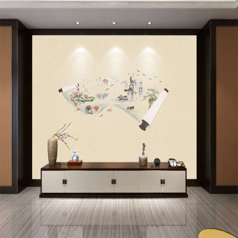 独秀刺绣无缝壁布新中式千里河山国画客厅沙发背景壁画