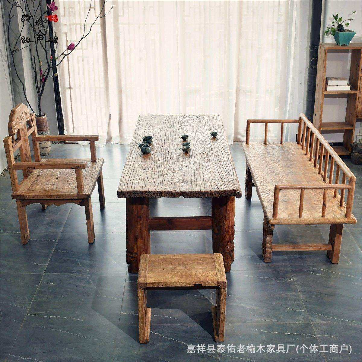 老榆木餐桌靠背椅实木阳台休闲椅家用餐馆老门板餐椅复古怀旧餐桌