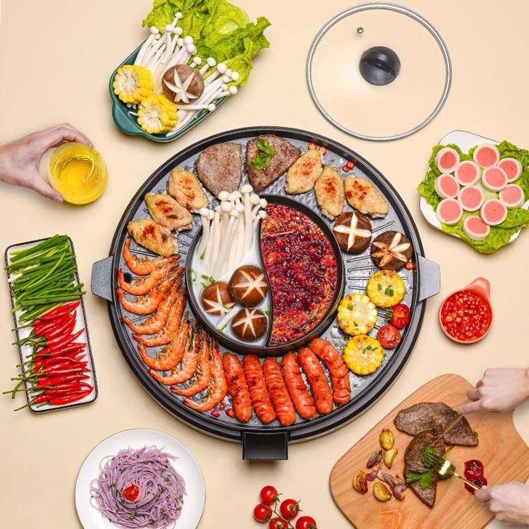 厂家直供电烤盘圆形电煎烤盘可调温分离分体式涮烤一体锅鸳鸯锅