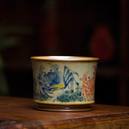 景德镇陶瓷手绘螃蟹主人杯八方来财茶杯单杯复古釉下彩全手工茶具