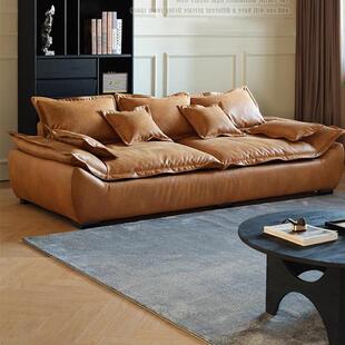 中古风奥克兰帆船沙发客厅直排超深坐宽复古油蜡皮沙发