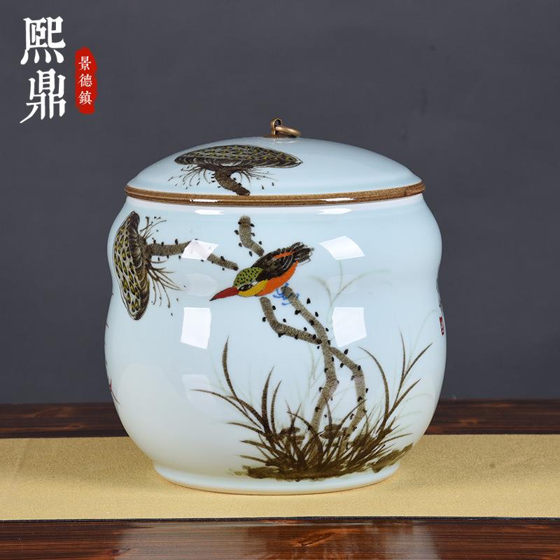手绘荷花储物缸陶瓷茶叶罐15斤装手工创意小清新家居饰品摆件