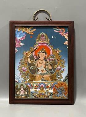 彷古实木框瓷板画唐卡文殊菩萨佛堂挂画陶瓷客厅书房装饰37x29cm