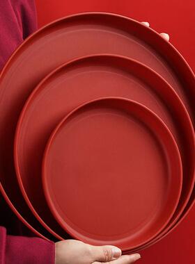 红色圆形托盘家用放水杯婚庆乔迁搬家水果零食收纳盘结婚端酒敬茶