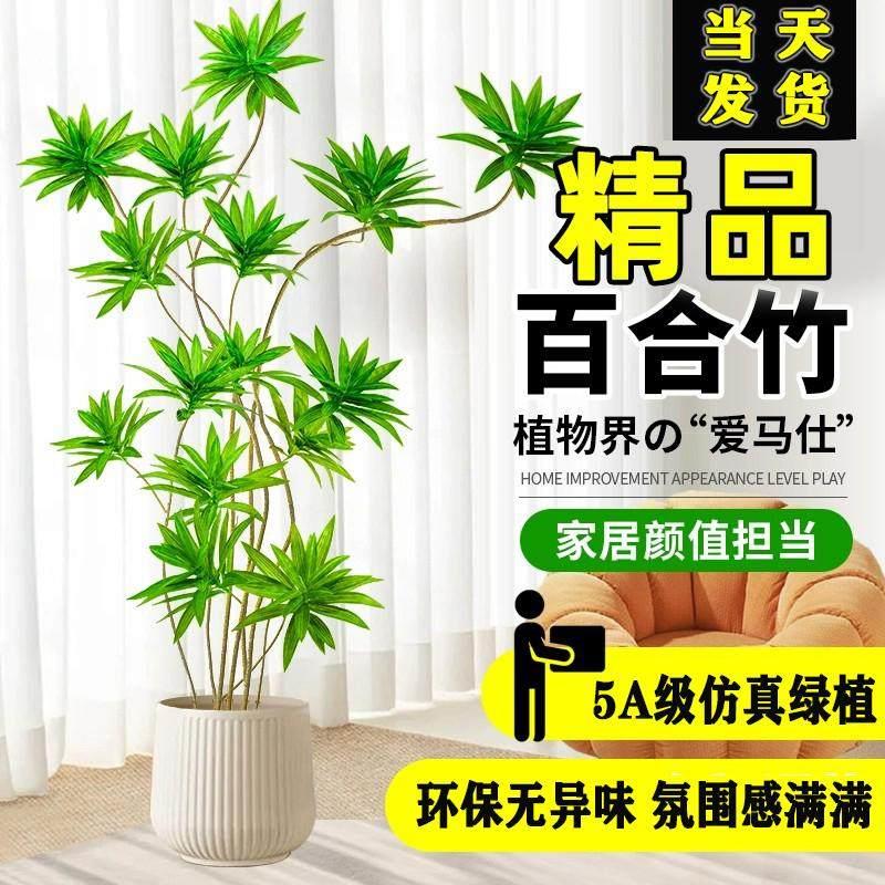 彷真绿色植物假花百合竹植物盆栽客厅电视柜落地高档装饰彷生树花