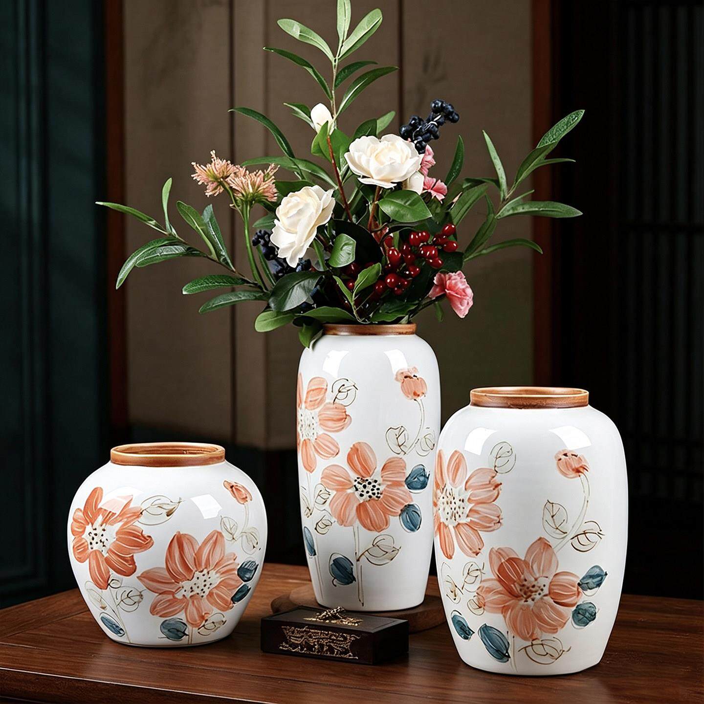 新中式手绘向阳花陶瓷花瓶客厅插花家居装饰品摆件高颜值水培花器