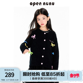 opennunu女童多巴胺蝴蝶结针织开衫，2024春季宽松慵懒黑色毛衣