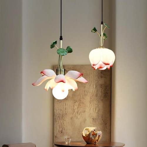 新中式床头小吊灯中古风过道吧台走廊玄关餐厅莲花装饰卧室吊线灯