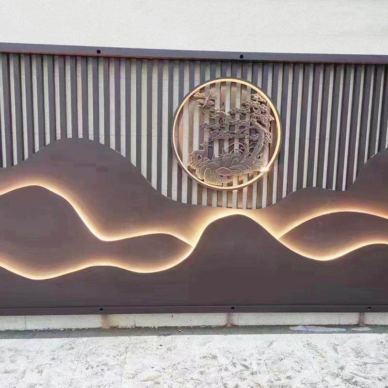 酒山中式屏风屏风05隔假带灯断店铝合金屏风隔断客厅室外玄关山水