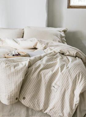 高档北格子亚欧件套进口四苎麻被套床单纯麻棉水洗棉麻床笠款床上