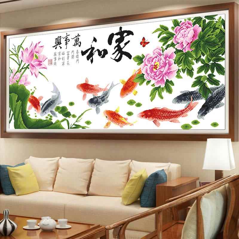 2025年新绣家万世兴十字绣成品机绣九鱼图已绣出待售牡丹客厅