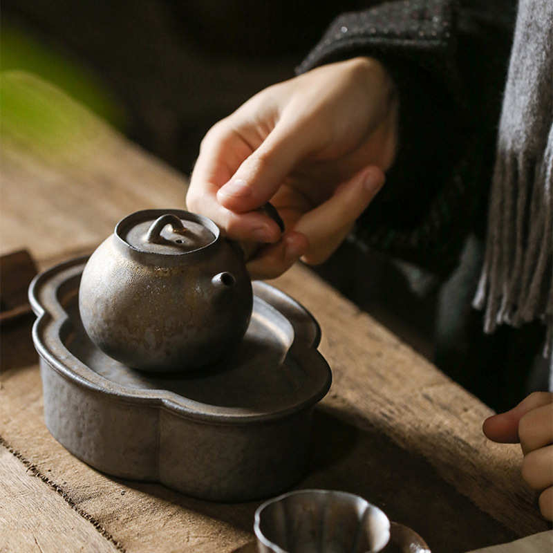 日式手工鎏金茶壶 复古粗陶功夫茶具侧把壶 带球孔泡茶壶家用单壶