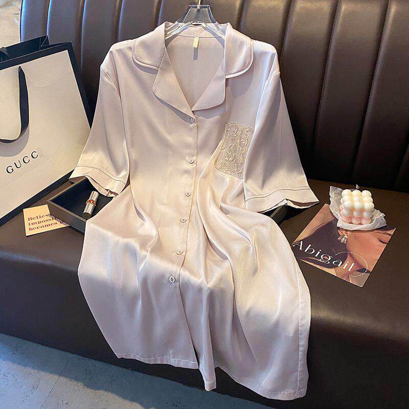 冰丝睡衣睡裙女夏季五分袖开衫纯色蕾丝中长款丝绸家居裙薄款凉感