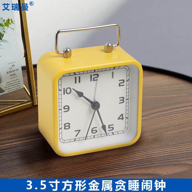 金属方型小闹钟儿童桌面静音时钟学生床头贪睡夜光石英台钟