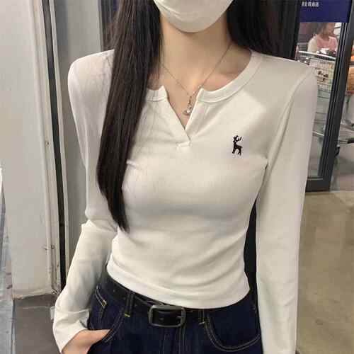 半开领刺绣2024新款早秋打底衫内搭小衫长袖t恤女装初秋短款上衣